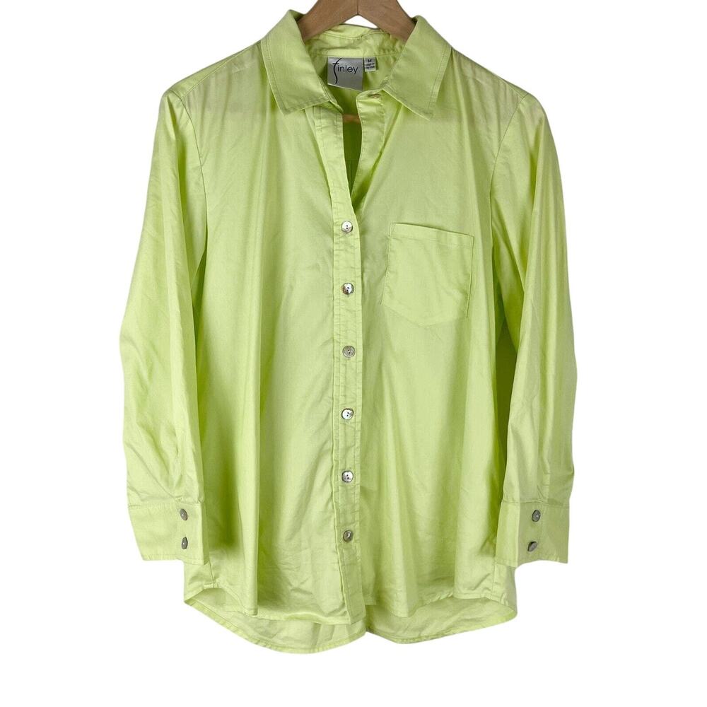 Finley Top Womens Medium Green Blouse Button Down 3/4 Sleeve Sateen Casual Crisp